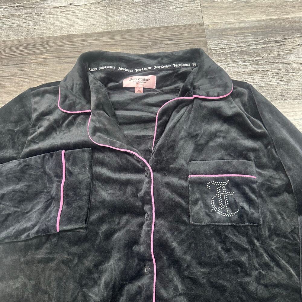 Y2K Juicy Couture Black Pink Womens L Button Up Velour Pajama Top Loungewear EUC